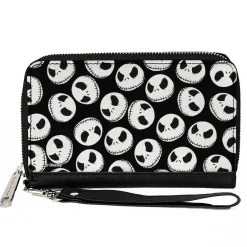 Women's PU Zip Around Wallet Rectangle - The Nightmare Before Christmas Jack Expression9 Scattered Black White