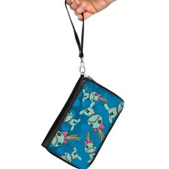 Women's PU Zip Around Wallet Rectangle - Lilo & Stitch Scrump Pose Hibiscus Flowers Scattered Blues