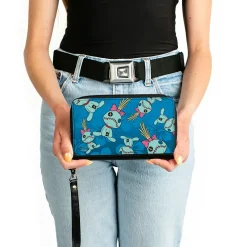 Women's PU Zip Around Wallet Rectangle - Lilo & Stitch Scrump Pose Hibiscus Flowers Scattered Blues