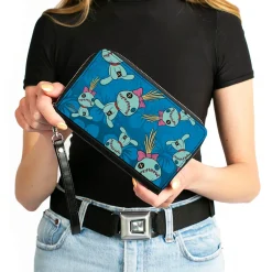 Women's PU Zip Around Wallet Rectangle - Lilo & Stitch Scrump Pose Hibiscus Flowers Scattered Blues