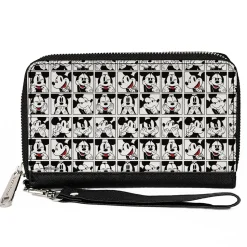 Women's PU Zip Around Wallet Rectangle - Mickey Mouse Expression Blocks White Black Red