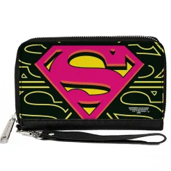 Women's PU Zip Around Wallet Rectangle - Superman Shield CLOSE-UP Outlines Black Yellow Orange Hot Pink