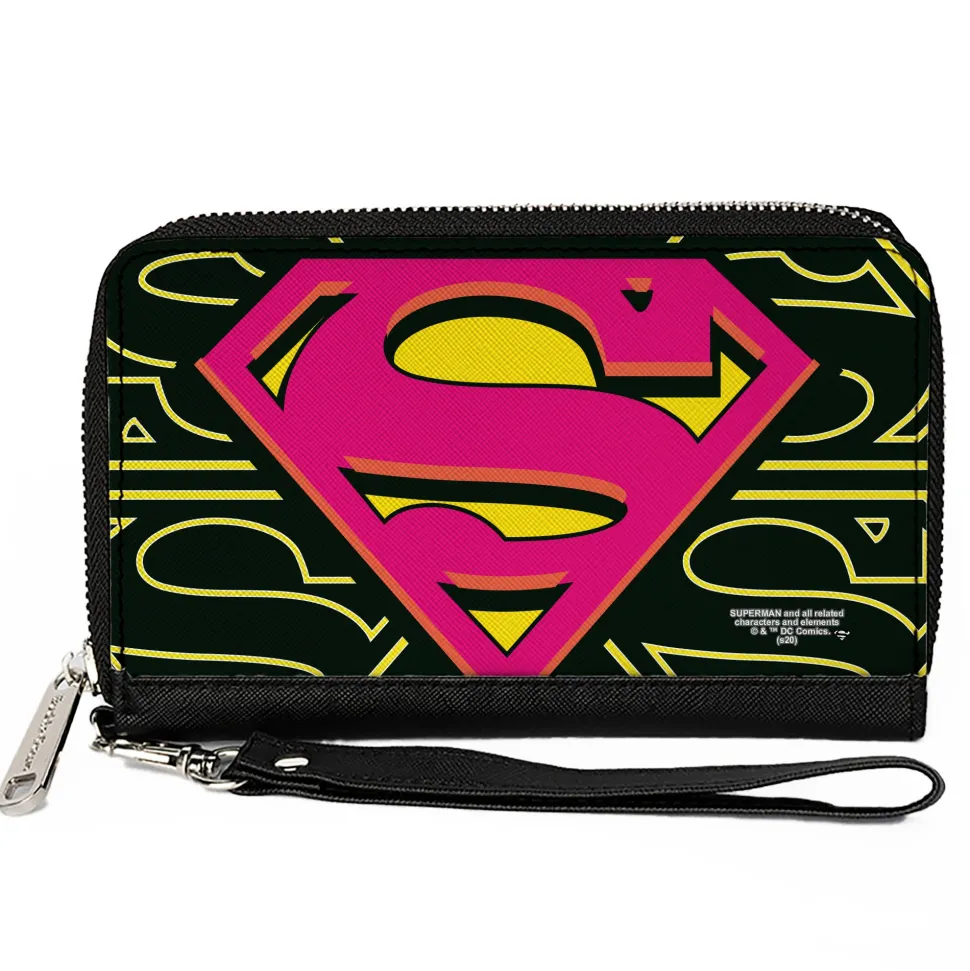 Women's PU Zip Around Wallet Rectangle - Superman Shield CLOSE-UP Outlines Black Yellow Orange Hot Pink