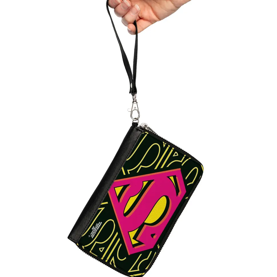 Women's PU Zip Around Wallet Rectangle - Superman Shield CLOSE-UP Outlines Black Yellow Orange Hot Pink