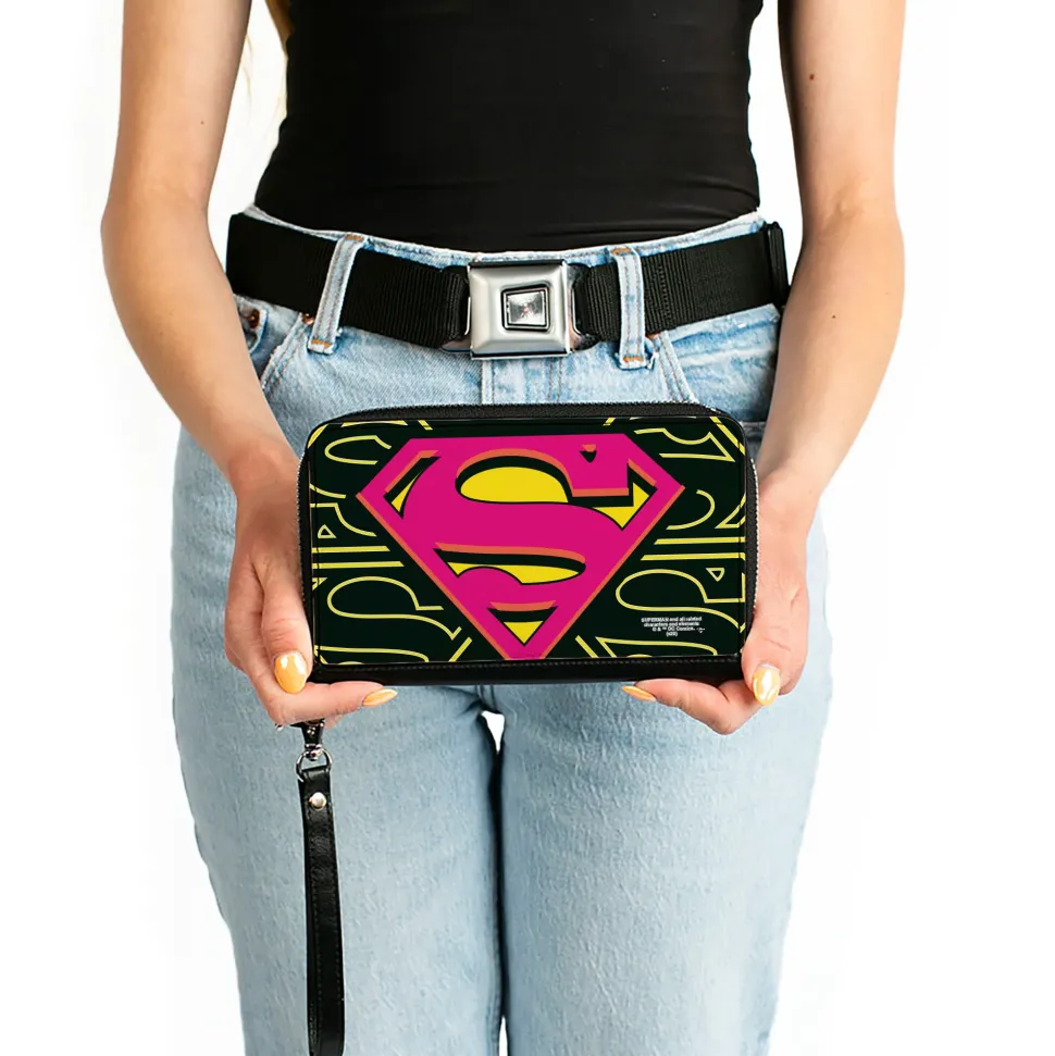 Women's PU Zip Around Wallet Rectangle - Superman Shield CLOSE-UP Outlines Black Yellow Orange Hot Pink