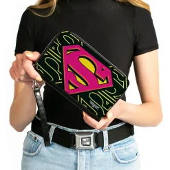 Women's PU Zip Around Wallet Rectangle - Superman Shield CLOSE-UP Outlines Black Yellow Orange Hot Pink