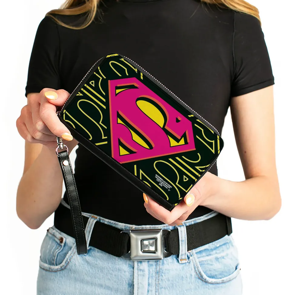 Women's PU Zip Around Wallet Rectangle - Superman Shield CLOSE-UP Outlines Black Yellow Orange Hot Pink