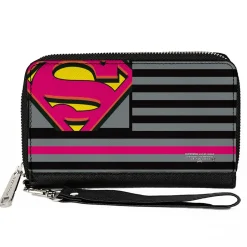 Women's PU Zip Around Wallet Rectangle - Superman Shield Americana Stripes Gray Black Pinks Yellow