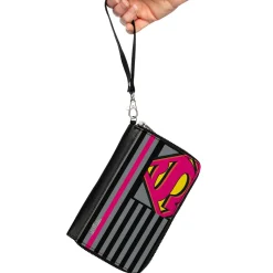 Women's PU Zip Around Wallet Rectangle - Superman Shield Americana Stripes Gray Black Pinks Yellow