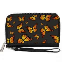 Women's PU Zip Around Wallet Rectangle - Monarch Butterflies Scattered Gray