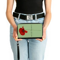 Women's PU Zip Around Wallet Rectangle - Poppy Flower WILD FLOWER Green Reds