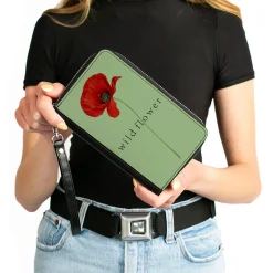 Women's PU Zip Around Wallet Rectangle - Poppy Flower WILD FLOWER Green Reds