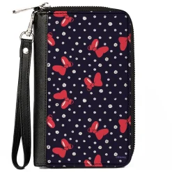 Women's PU Zip Around Wallet Rectangle - Minnie Mouse Bow and Dots Scattered Black Red White