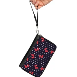 Women's PU Zip Around Wallet Rectangle - Minnie Mouse Bow and Dots Scattered Black Red White