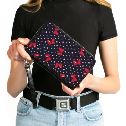 Women's PU Zip Around Wallet Rectangle - Minnie Mouse Bow and Dots Scattered Black Red White