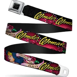 Wonder Woman Black Silver Seatbelt Belt - WONDER WOMAN/Roses STRENGTH AND BEAUTY Black-Pink Fade Webbing