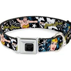 Wonder Woman Black Silver Seatbelt Buckle Collar - Wonder Woman/StarsÂ Black/White
