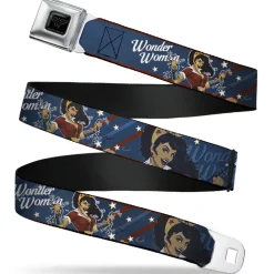 Wonder Woman Black Silver Seatbelt Belt - WONDER WOMAN/Bombshell Pose Blue/Red/White Webbing