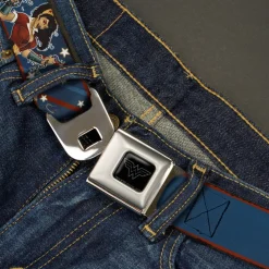 Wonder Woman Black Silver Seatbelt Belt - WONDER WOMAN/Bombshell Pose Blue/Red/White Webbing