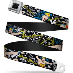 Wonder Woman Black Silver Seatbelt Belt - Wonder Woman/StarsÂ Black/White Webbing