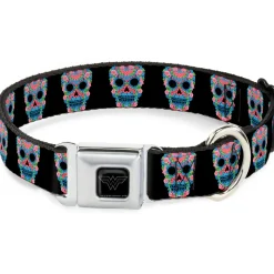 Wonder Woman Black Silver Seatbelt Buckle Collar - Wonder Woman Floral Skull Black/Multi Pastel