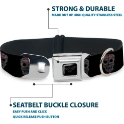 Wonder Woman Black Silver Seatbelt Buckle Collar - Wonder Woman Floral Skull Black/Multi Pastel