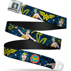 Wonder Woman Face Comic Full Color Blues Seatbelt Belt - Wonder Woman Face/Poses/Logos/Comic Scenes Blues/Yellow Webbing