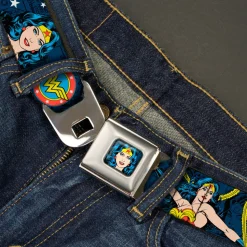 Wonder Woman Face Comic Full Color Blues Seatbelt Belt - Wonder Woman Face/Poses/Logos/Comic Scenes Blues/Yellow Webbing