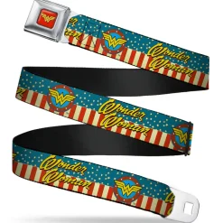 Wonder Woman Logo Full Color Red Seatbelt Belt - WONDER WOMAN/Logo Americana Red/White/Blue/Yellow Webbing