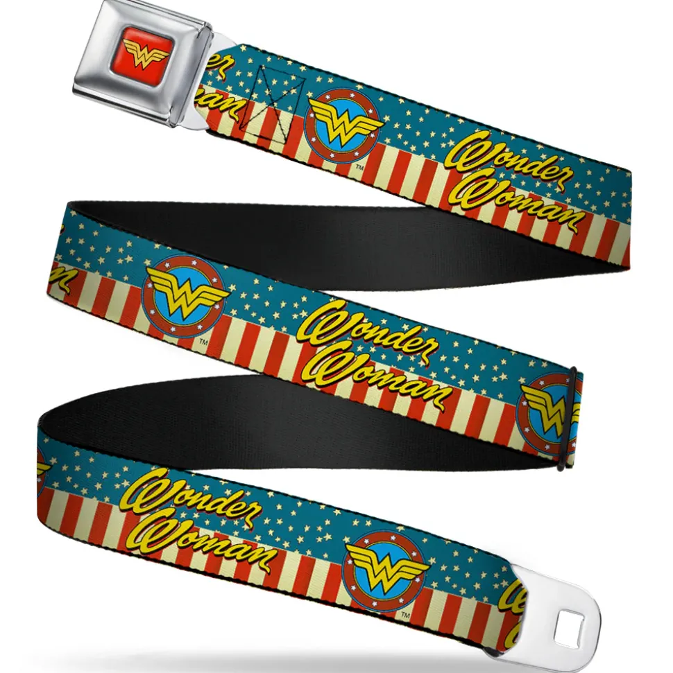 Wonder Woman Logo Full Color Red Seatbelt Belt - WONDER WOMAN/Logo Americana Red/White/Blue/Yellow Webbing