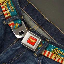 Wonder Woman Logo Full Color Red Seatbelt Belt - WONDER WOMAN/Logo Americana Red/White/Blue/Yellow Webbing