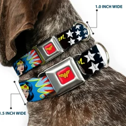 Wonder Woman Logo Full Color Red Seatbelt Buckle Collar - Wonder Woman Face w/Stars