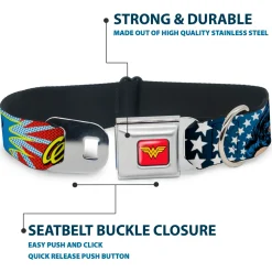 Wonder Woman Logo Full Color Red Seatbelt Buckle Collar - Wonder Woman Face w/Stars