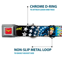 Wonder Woman Logo Full Color Red Seatbelt Buckle Collar - Wonder Woman Face w/Stars