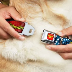 Wonder Woman Logo Full Color Red Seatbelt Buckle Collar - Wonder Woman Face w/Stars