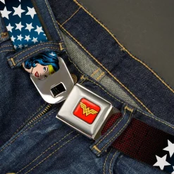 Wonder Woman Logo Full Color Red Seatbelt Belt - Wonder Woman Face w/Stars Webbing