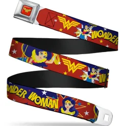 Wonder Woman Logo Full Color Red Seatbelt Belt - DC Girls WONDER WOMAN 3-Poses/Logo/Stars Red/Gold/Blues/White Webbing
