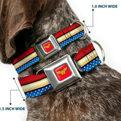 Wonder Woman Logo Full Color Red Seatbelt Buckle Collar - Wonder Woman Logo Stripe/Stars Red/Gold/Blue/White