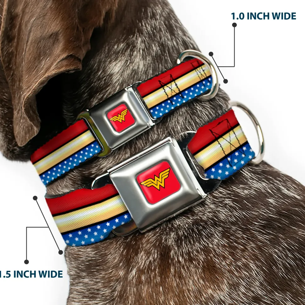 Wonder Woman Logo Full Color Red Seatbelt Buckle Collar - Wonder Woman Logo Stripe/Stars Red/Gold/Blue/White