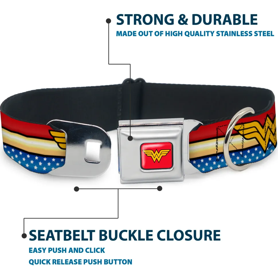 Wonder Woman Logo Full Color Red Seatbelt Buckle Collar - Wonder Woman Logo Stripe/Stars Red/Gold/Blue/White