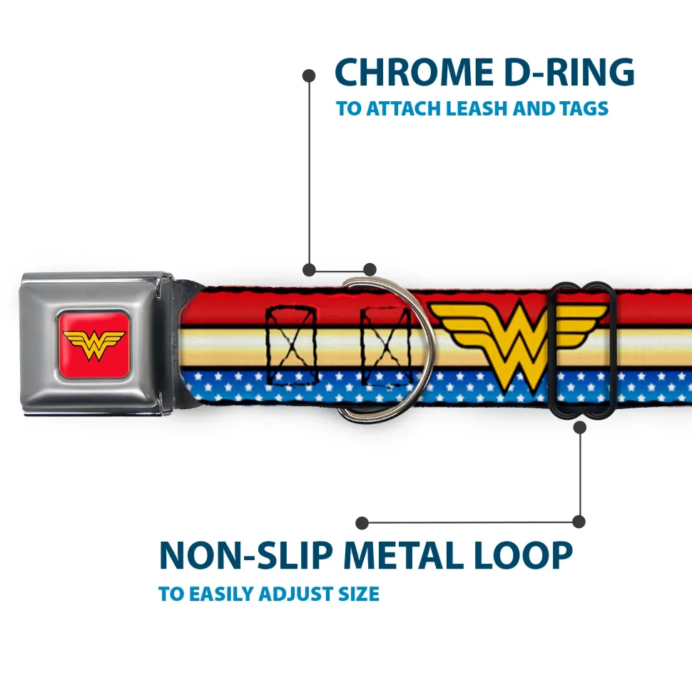 Wonder Woman Logo Full Color Red Seatbelt Buckle Collar - Wonder Woman Logo Stripe/Stars Red/Gold/Blue/White