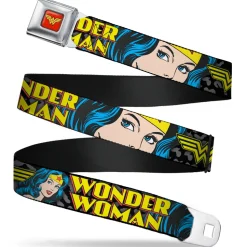Wonder Woman Logo Full Color Red Seatbelt Belt - WONDER WOMAN w/Face CLOSE-UP Leopard Black/Gray Webbing