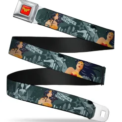 Wonder Woman Logo Full Color Red Seatbelt Belt - WONDER WOMAN 4-Poses Skyline & Stars Blues Webbing