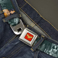 Wonder Woman Logo Full Color Red Seatbelt Belt - WONDER WOMAN 4-Poses Skyline & Stars Blues Webbing