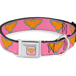 Wonder Woman Logo Pink/Blue/Yellow/Pink Seatbelt Buckle Collar - Wonder Woman Logo Pink/Blue/Yellow/Pink