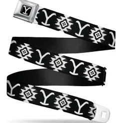 Yellowstone Y Logo Full Color Black/White Seatbelt Belt - Yellowstone Dutton Ranch and Native American Icons Black/White Webbing