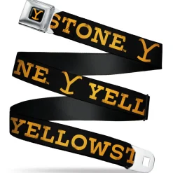 Yellowstone Y Logo Full Color Black/Orange Seatbelt Belt - YELLOWSTONE Text and Y Logo Weathered Black/Orange Webbing
