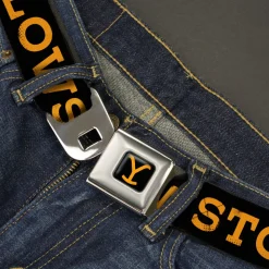 Yellowstone Y Logo Full Color Black/Orange Seatbelt Belt - YELLOWSTONE Text and Y Logo Weathered Black/Orange Webbing