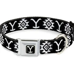 Yellowstone Y Logo Full Color Black/White Seatbelt Buckle Collar - Yellowstone Dutton Ranch and Native American Icons Black/White