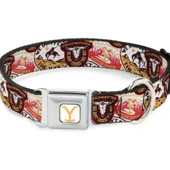 Yellowstone Y Logo Full Color White/Yellow Seatbelt Buckle Collar - Yellowstone Patches Stacked Browns/Reds/Yellows